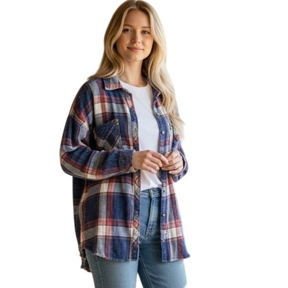 KENSIE Plaid All Cotton Flannel Raw Hem Hardware Embelish Red White Blue Medium